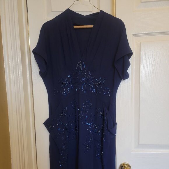 Unique Vintage Dresses & Skirts - Vintage hand-beaded navy blue cocktail dress; approx. size 4-6 (s)